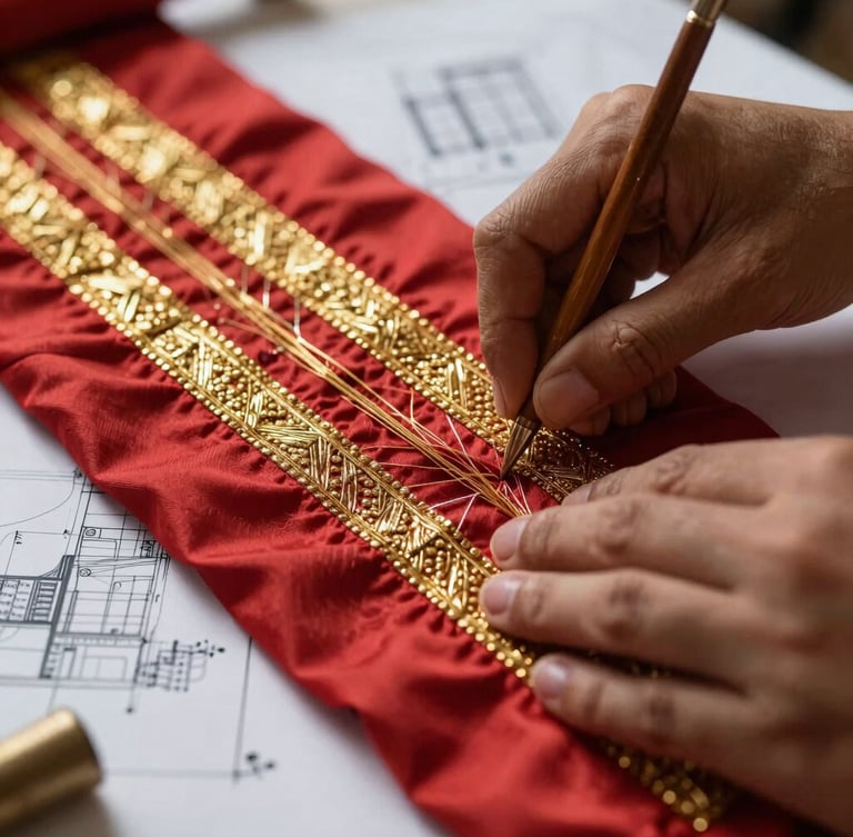An extreme close-up of hands working zardozi embroidery on heavy crimson silk, gold metallic threads reflecting dramatic side light, architectural boutique blueprints resting on the worktable nearby.