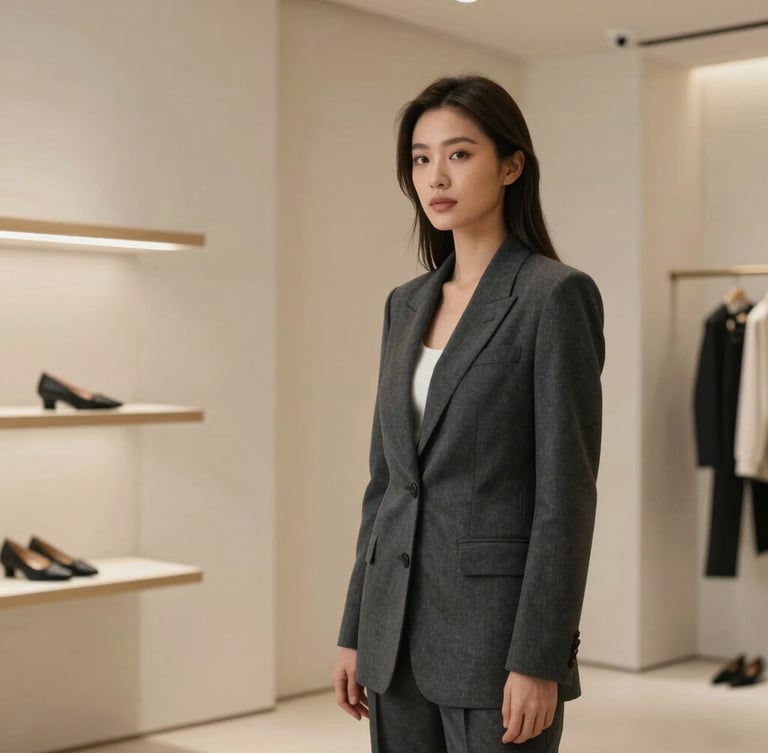 Elegant environmental portrait of a successful female fashion founder in a structured charcoal blazer, standing inside her minimalist boutique, soft side lighting, architectural lines.