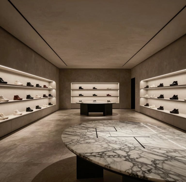 Wide cinematic view of a minimalist luxury boutique interior, high ceilings, architectural floor plans on a marble table, dramatic chiaroscuro side lighting.