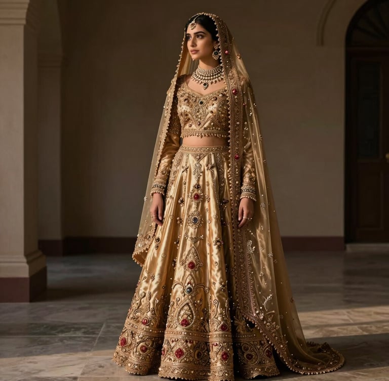 Portrait of a bride wearing a structured antique gold zardozi silk bridal gown, dramatic side lighting, minimalist architectural background
