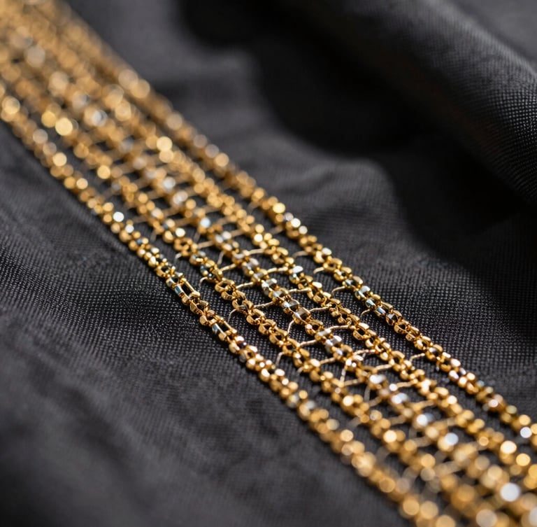 Extreme macro close-up of intricate hand-beading and gold thread embroidery on heavy silk fabric, shallow depth of field, dramatic dark shadows