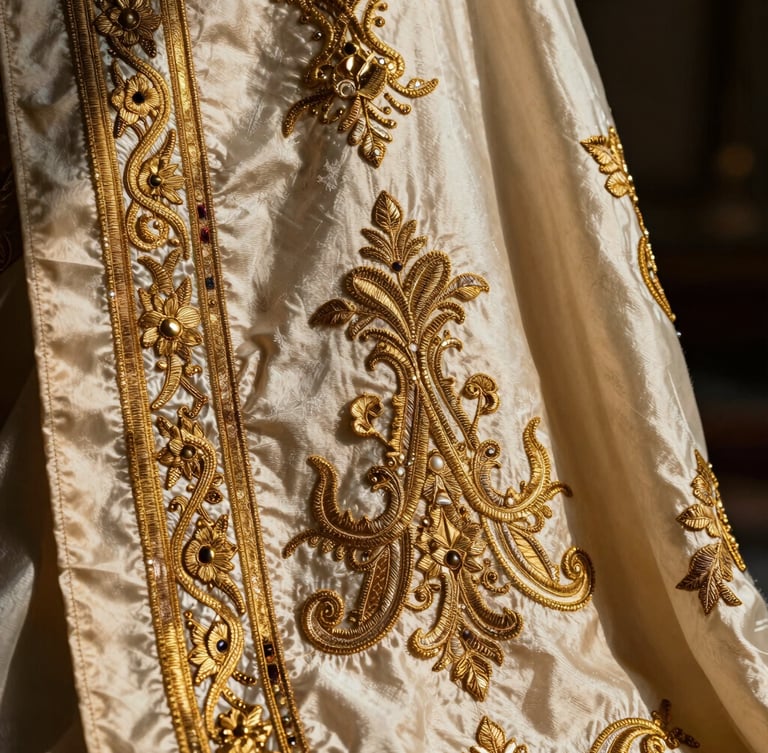 Portrait framing, extreme close-up of intricate antique gold zardozi embroidery on heavy ivory silk, dramatic chiaroscuro side lighting.