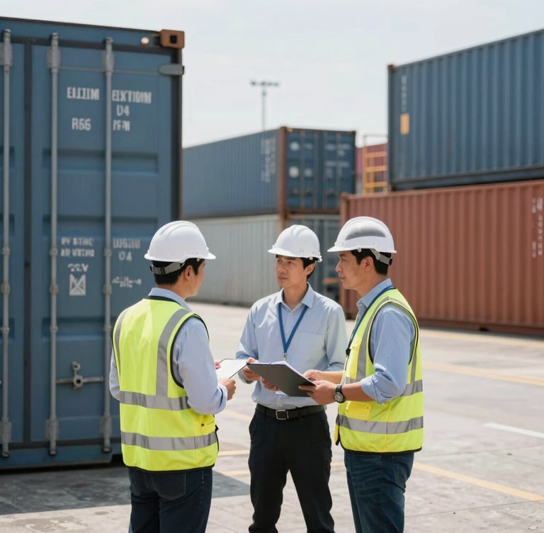 Medium shot of professional inspectors examining refrigerated shipping containers at a bustling Barcelona port, bright natural daylight, desaturated blues, warm terracotta accents, shallow depth of field.