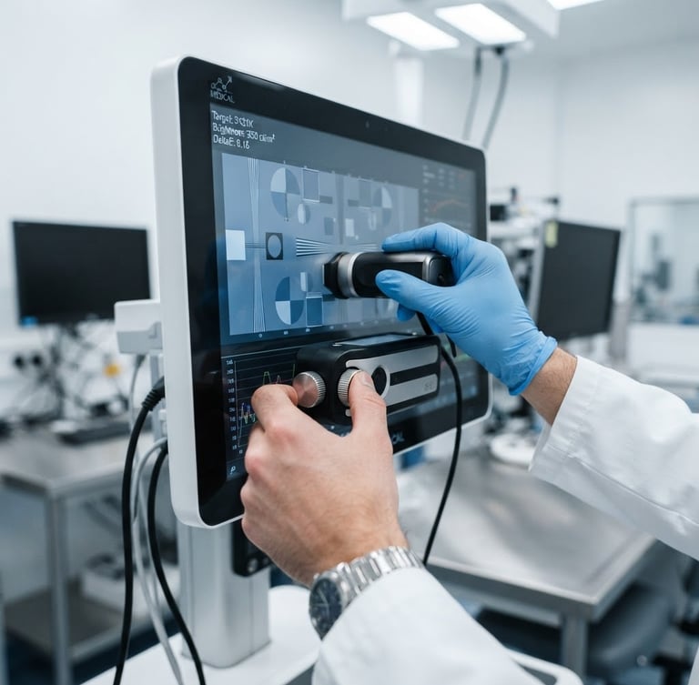 Close-up of a biomedical engineer using a digital calibration device on a high-tech medical monitor, bright clinical white lighting, sharp focus on hands and precise technical dials, clean sterile environment.