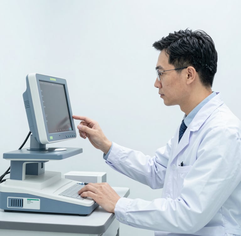 Medium shot of a professional biomedical engineer in a clean clinical environment, carefully calibrating a high-tech medical monitor, bright white studio light, desaturated blue tones