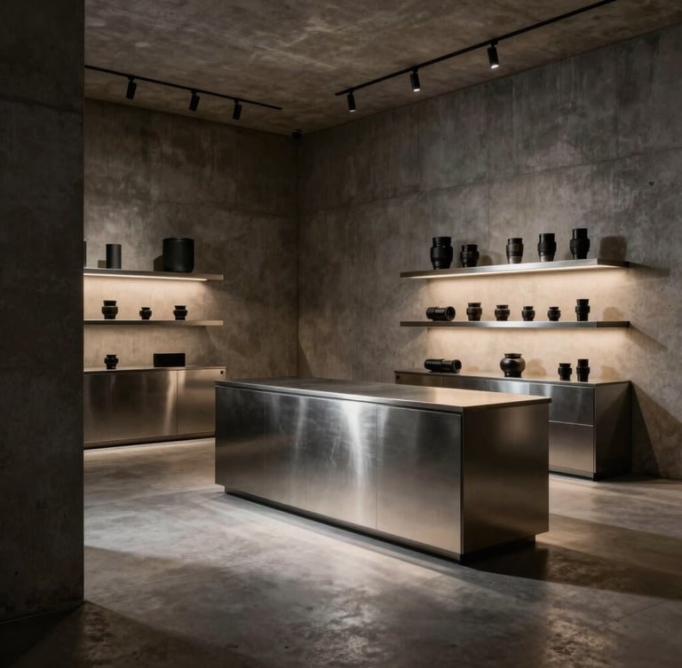 Wide shot of a minimalist luxury atelier interior in Milan, concrete walls, brushed steel fixtures, warm architectural lighting, sharp shadows, 85mm lens