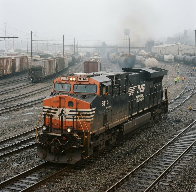 A powerful Norfolk Southern diesel locomotive idling in an industrial rail yard under heavy overcast morning fog, desaturated steel tones with sharp orange accents, 35mm documentary style.