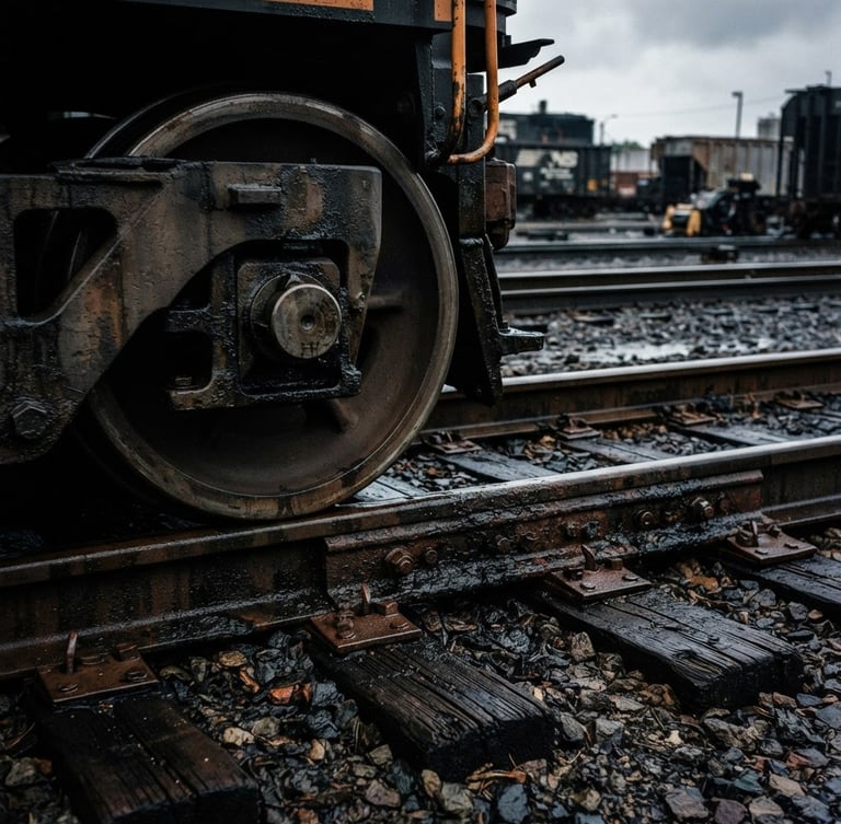 A close-up of weathered steel tracks and heavy locomotive wheels in a dark, high-contrast Norfolk Southern rail yard under overcast morning light.