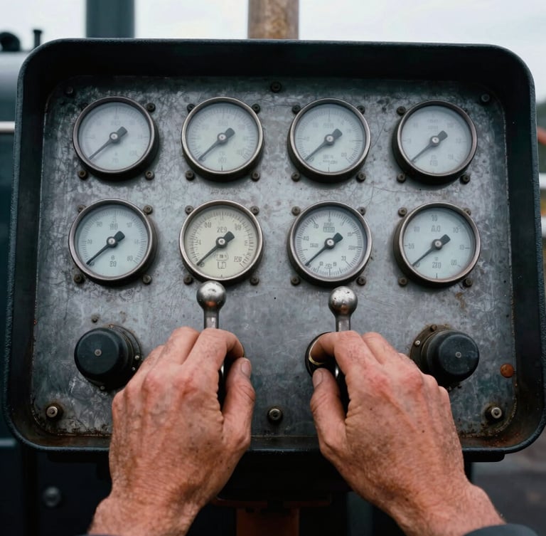 Close-up of weathered hands on a locomotive control stand, industrial dials and levers under moody overcast light