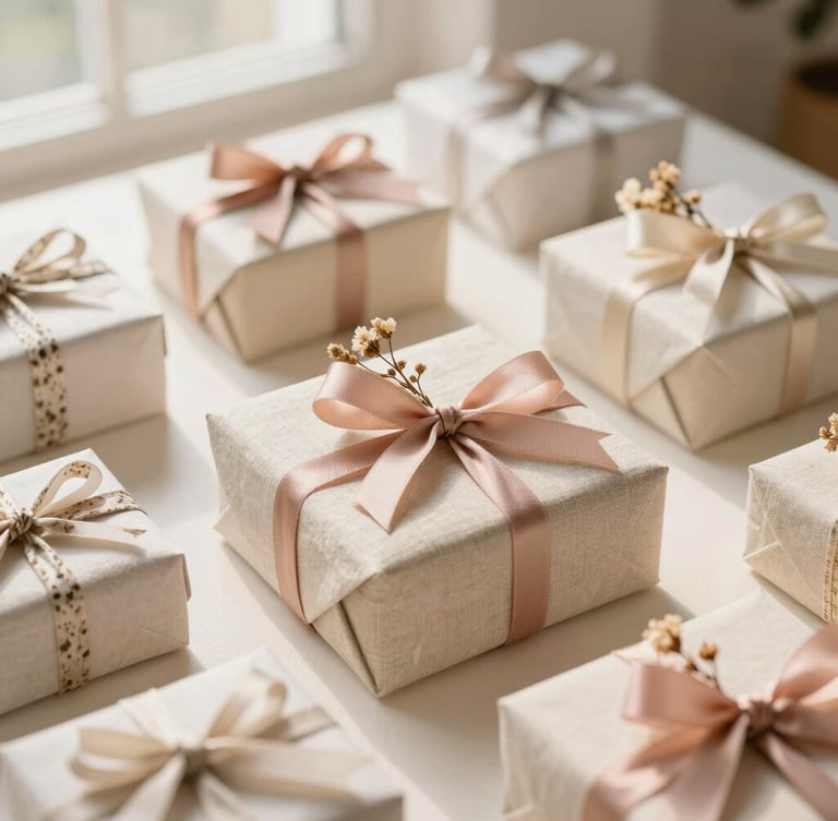 A sunlit studio table showing curated gift boxes wrapped in linen, botanical ribbons, and dried flowers, overhead angle, shallow depth of field