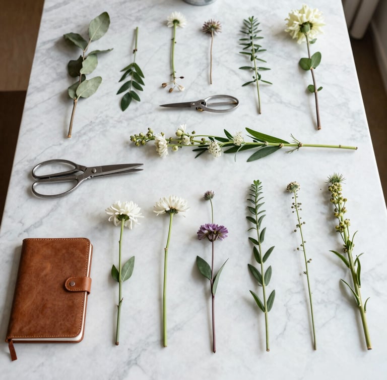 Minimalist, bright overhead shot of a clean marble florist table with metal shears, a leather-bound notebook, and structured floral stems laid out in precise rows, diffused natural daylight.