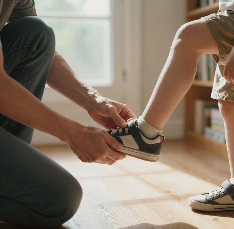Candid moment of a parent gently tying a young child's shoe in a sunlit hallway, soft natural window light, warm earth tones.
