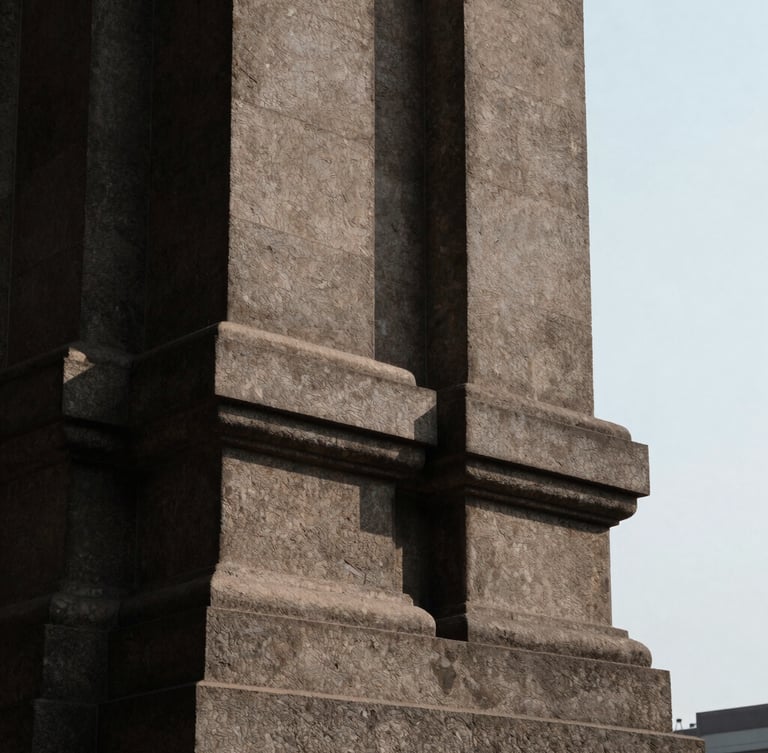 A close-up, high-contrast architectural crop of a brutalist stone column in Mumbai, sharp dramatic shadows, overcast natural light
