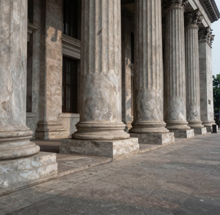 Wide-angle dramatic shadow cast across classical stone columns of a financial institution in Mumbai, low-contrast natural overcast daylight, tactile marble texture.