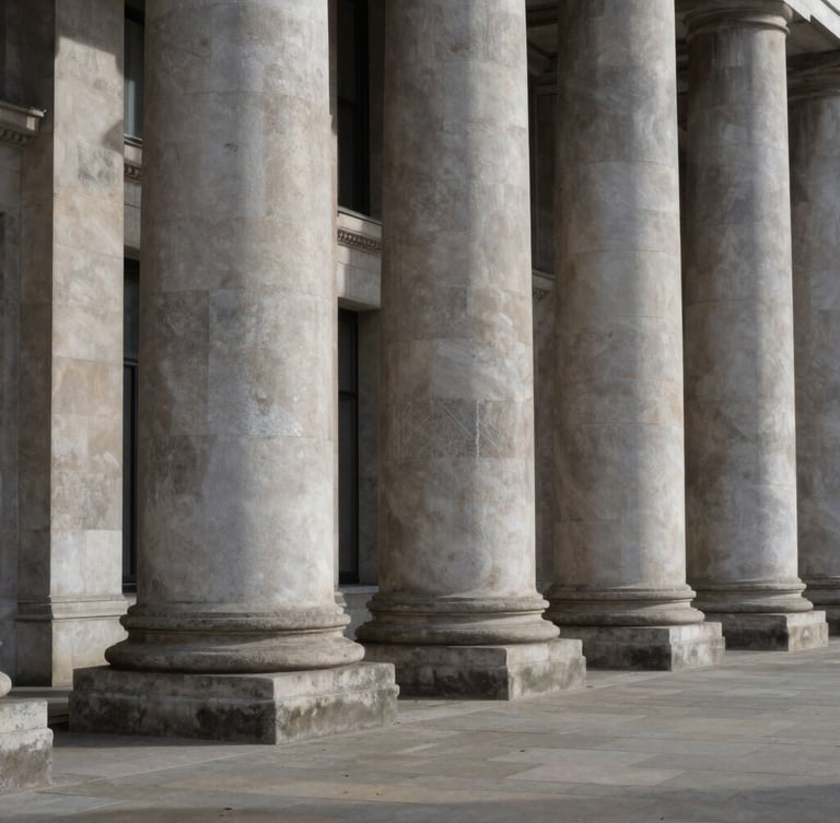 Wide-angle architectural view of brutalist stone columns in London, dramatic geometric shadows, natural overcast daylight, minimal and powerful.