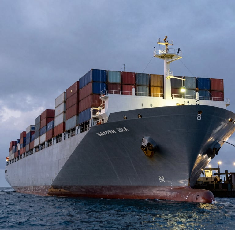 Low-angle heroic shot of a massive container ship docked at dusk, harsh industrial lighting, steel gray tones, cold blue ocean water in the foreground, high-contrast overcast sky.