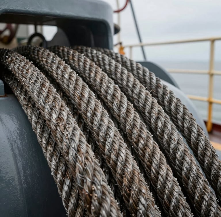 Extreme close-up of heavy steel mooring lines tensioned on a ship deck, overcast daylight, industrial texture.