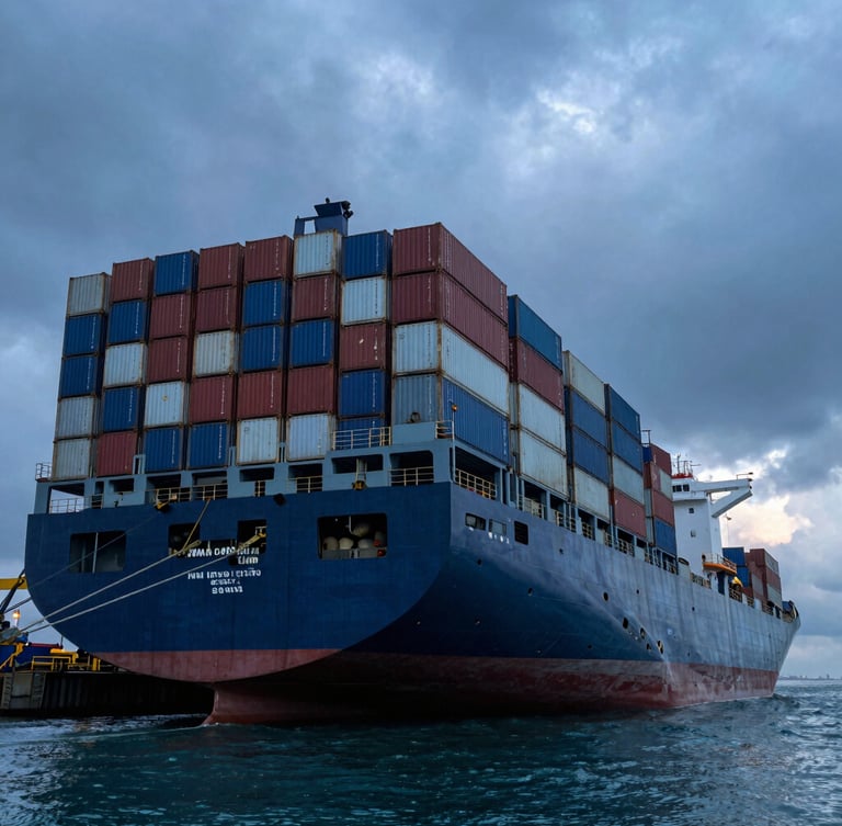 Low-angle heroic shot of a massive steel container ship docked at an industrial port during dramatic dawn, high-contrast overcast light, cold blue ocean tones.
