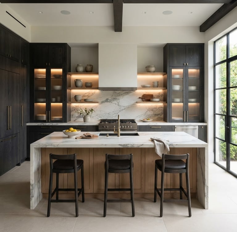 Straight-on architectural shot of a luxury bespoke kitchen with warm integrated LEDs, soft natural daylight, premium oak and charcoal cabinetry.