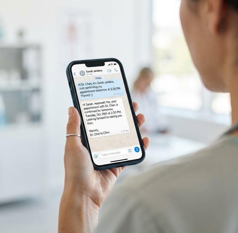 Close-up of a mobile phone screen showing a WhatsApp chat interface with a patient confirming an appointment, clean white background, soft natural daylight, over-the-shoulder shot