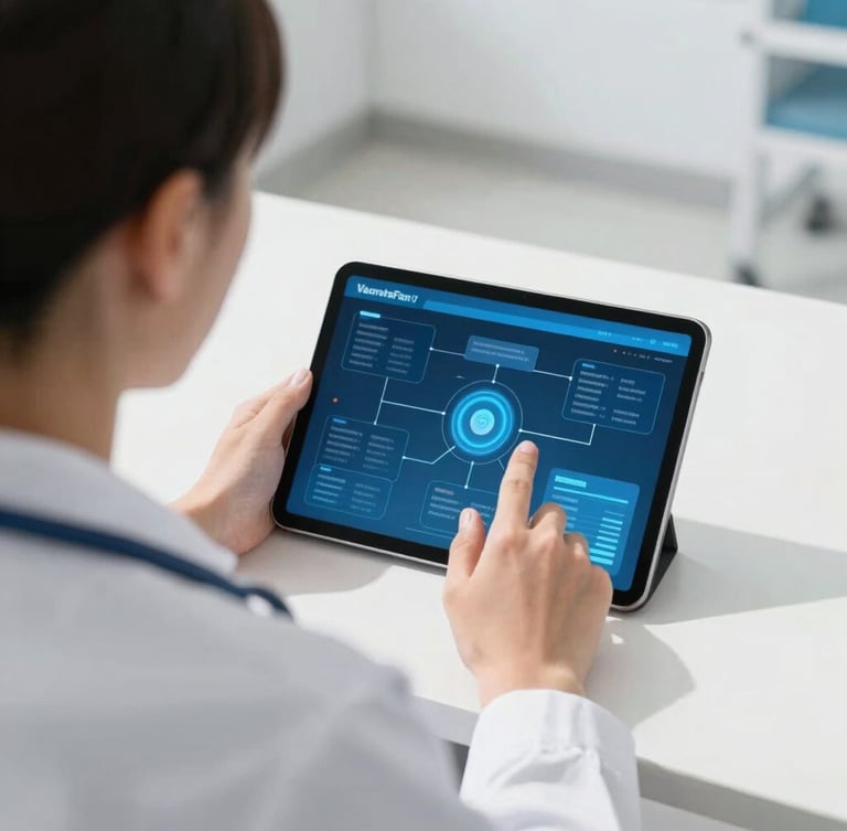 Over-the-shoulder shot of a medical IT professional interacting with a tablet displaying a secure data flow diagram, clean modern hospital environment, natural daylight, soft shadows, crisp white and clinical blue tones.