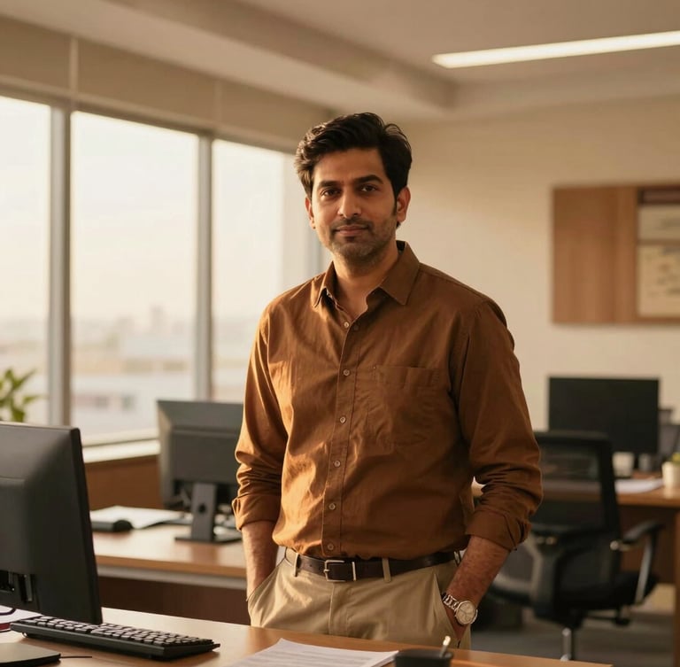 A professional, warm portrait of Gaurav Sharma in a modern office setting in Haryana, clean editorial composition, daylight