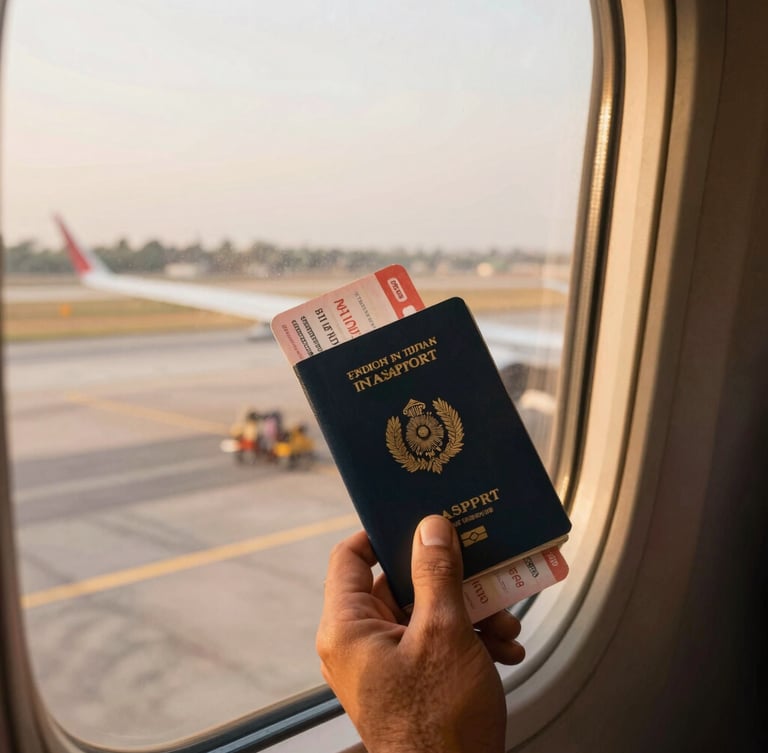 A close-up of a traveler holding an Indian passport and boarding pass next to a window overlooking a runway, warm golden-hour light