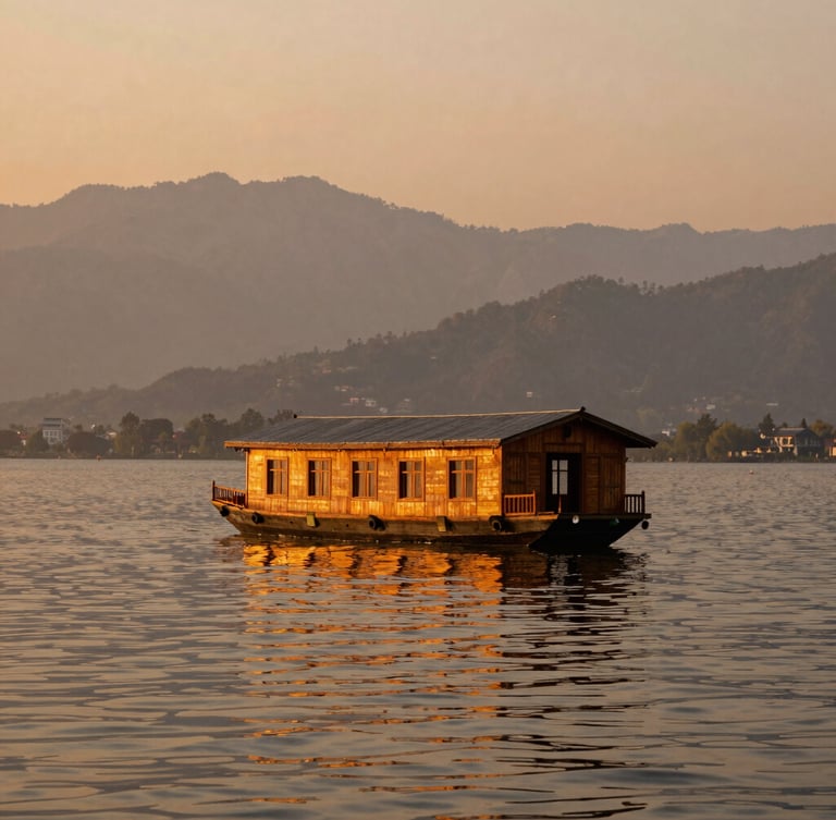 A wide-angle, cinematic shot of a traditional wooden houseboat floating on the calm waters of Dal Lake in Kashmir during golden hour, warm orange light reflecting on the water, majestic mountains in the background.