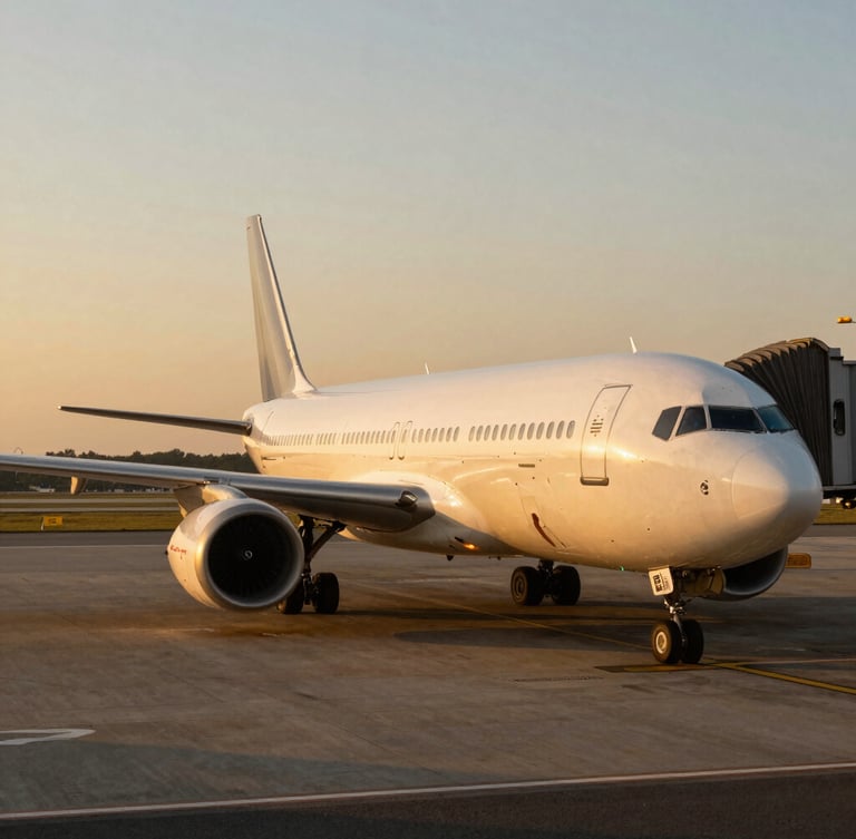 A modern wide-body airplane parked at an airport gate during golden hour, warm sunlight reflecting off the fuselage, cinematic composition