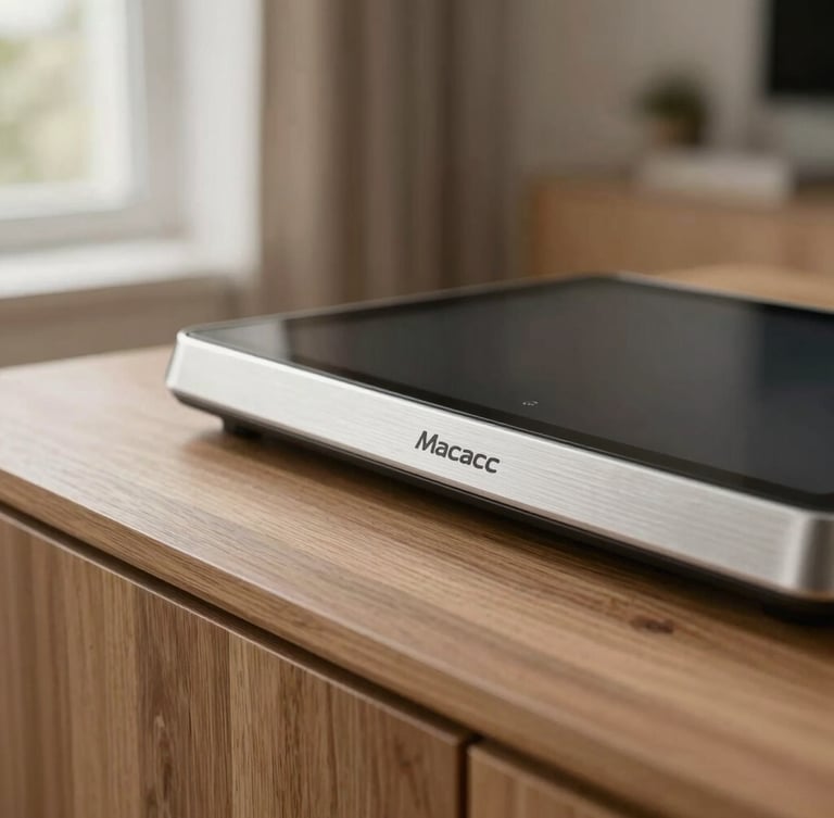 Close-up of a Macrotab ambient dashboard sitting on a matte oak sideboard in a softly lit Scandinavian living room, warm morning light filtering through a window, shallow depth of field, focusing on the brushed aluminum edge and clean typography on the matte screen.