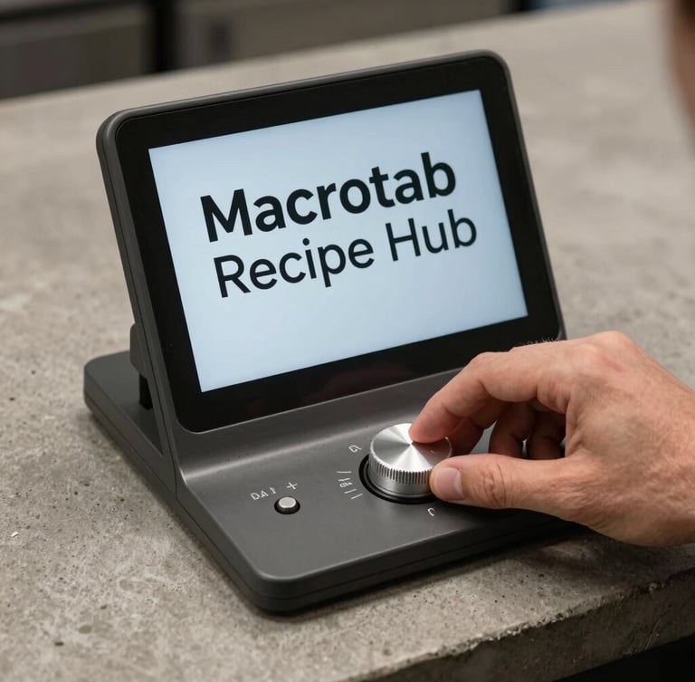 Close-up of the Macrotab Recipe Hub sitting on a concrete counter, showing clean typography on a matte screen, a hand gently rotating a physical aluminum dial