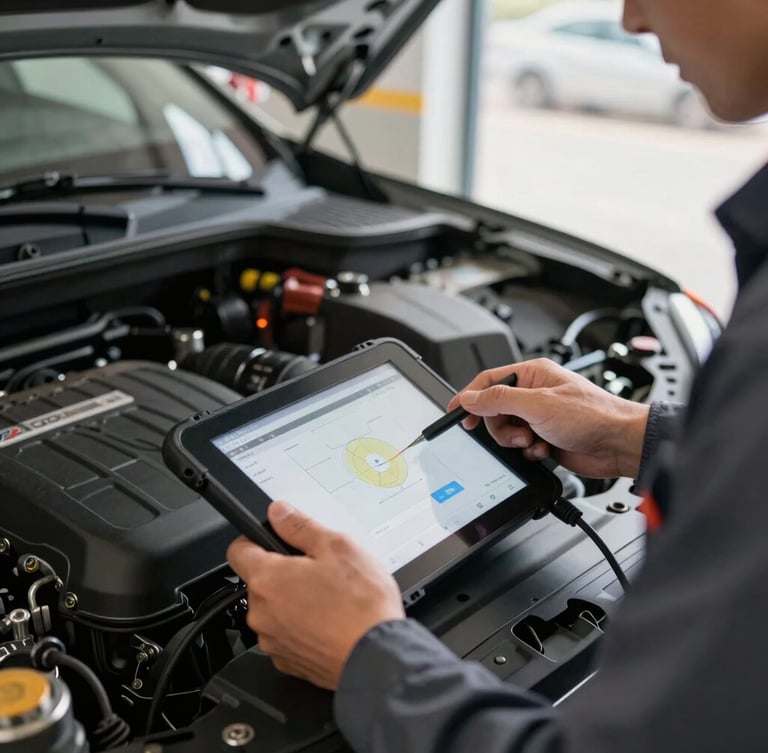 Close-up of a master mechanic using a digital diagnostic tablet connected to a modern car engine bay, natural workshop light, sharp focus, 35mm lens