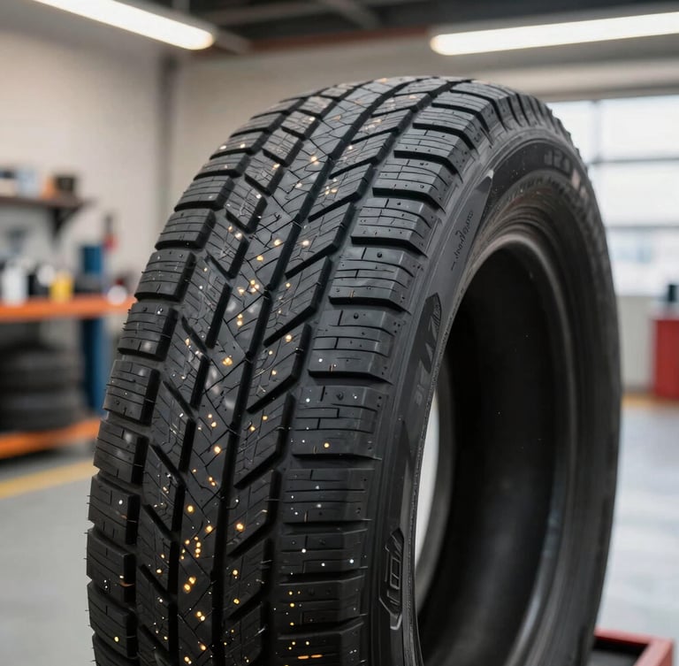 Close-up of a high-quality winter tire tread in a clean, modern garage bay, natural workshop light, warm amber task lighting, sharp focus on the rubber details, 35mm lens