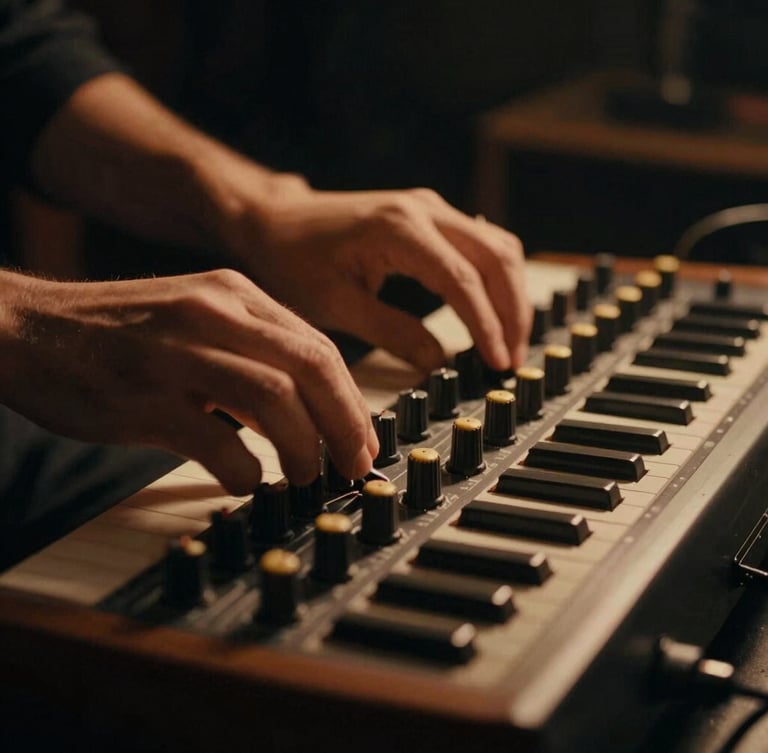Close-up of a producer's hands adjusting vintage analog synthesizer knobs, warm amber tube glow, dark moody studio environment, shallow depth of field, 35mm film