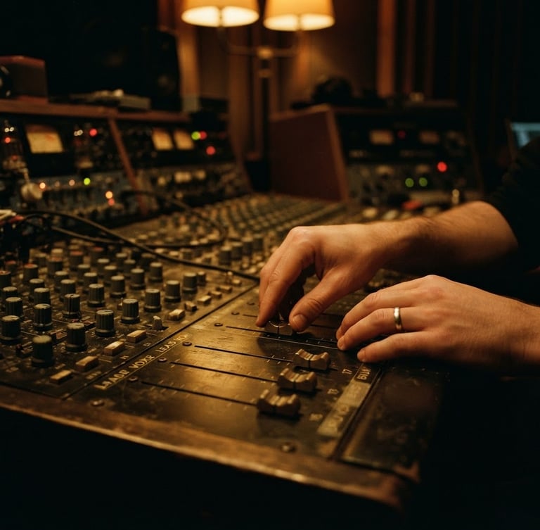 Moody cinematic close-up of hands adjusting brass faders on a vintage analog mixing console in a dimly lit Berlin recording studio, warm amber glow, shallow depth of field, 35mm film.