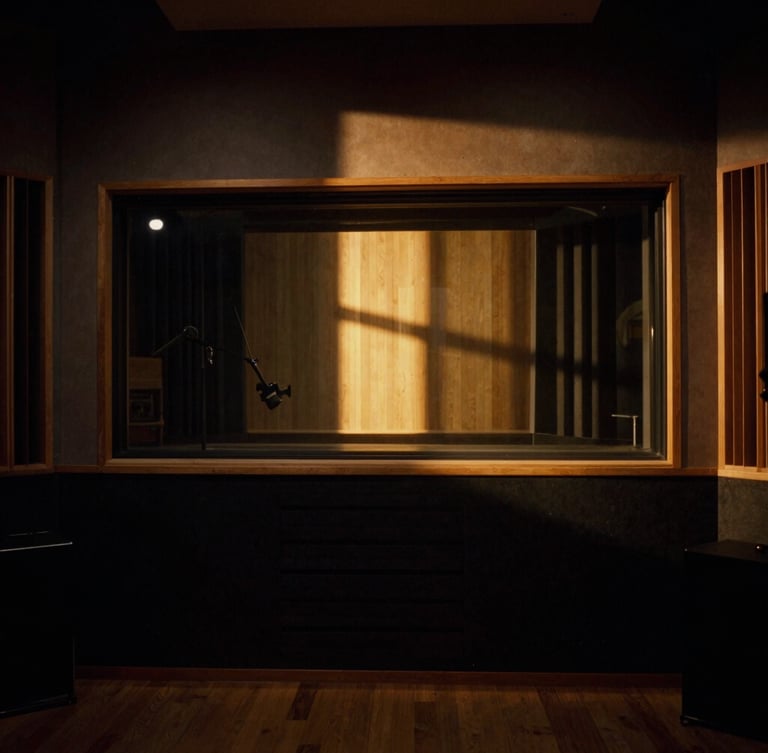 Moody cinematic wide shot of an empty premium recording studio in Berlin at golden hour, amber sunlight cutting through the window onto dark wooden panels and acoustic diffusers, 35mm film.