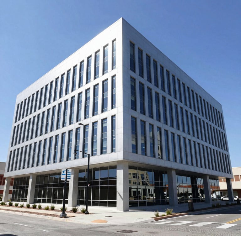 Wide-angle architectural photograph of a modern commercial office building in Lehi Utah, steel and glass facade, bright daylight with sharp clean shadows