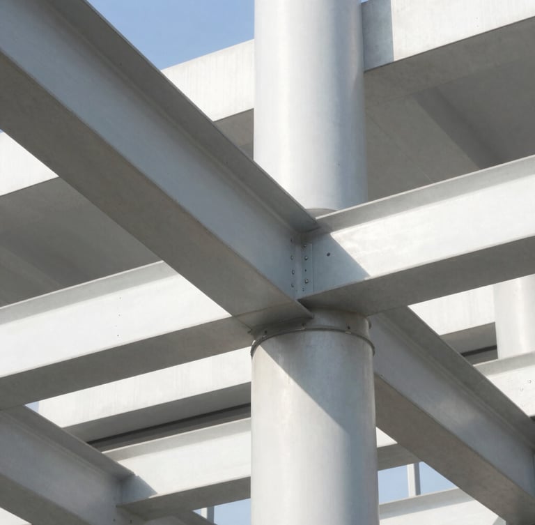 Close-up architectural detail of modern steel beams and concrete structures in bright daylight, sharp shadows, high-contrast professional framing.