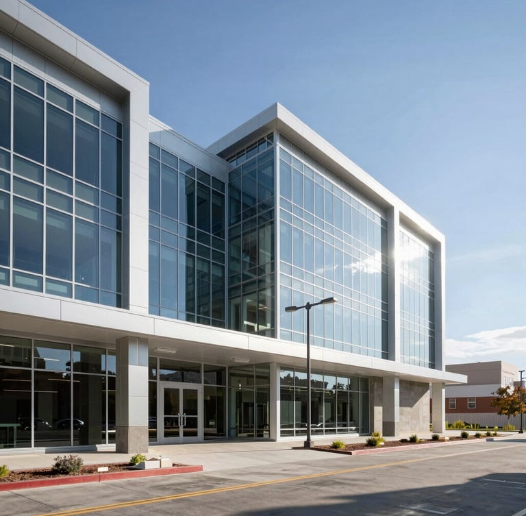 Wide-angle architectural photograph of a modern glass and steel commercial building in Lehi under crisp Utah daylight, sharp shadows, clean lines.