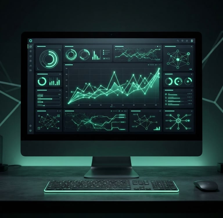Sleek dark-mode 3d render of a web dashboard interface on a desktop screen, glowing neon green active status lines, cyber-minimalist aesthetic, high-contrast UI elements, sharp focus