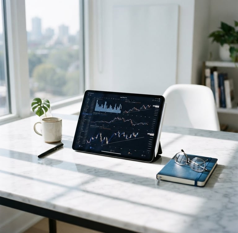 Bright high-key editorial photo of a modern organized workspace, sunlight casting clean geometric shadows on a marble desk with a tablet displaying clean financial charts, 35mm