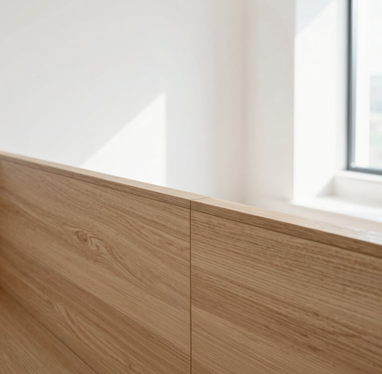 Bright architectural interior shot with natural daylight, showcasing a seamless joint on a premium light oak wood surface, clean lines, sharp focus, 35mm