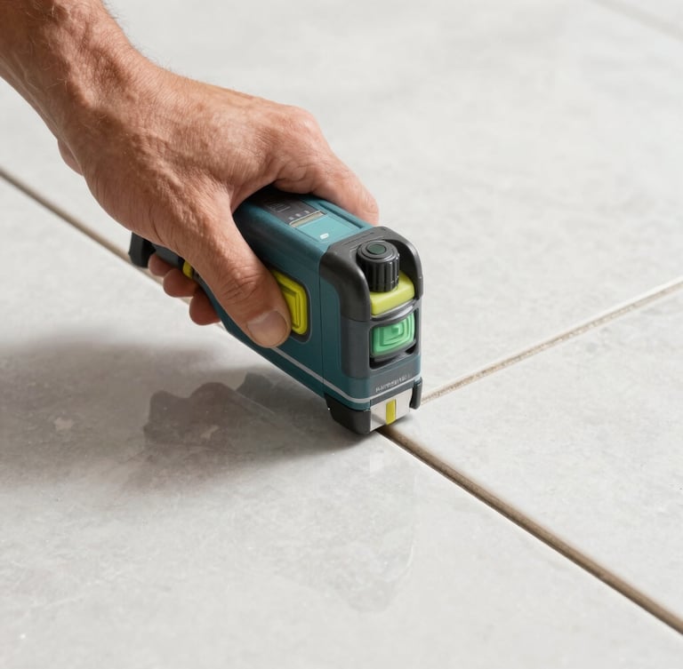 Close-up shot of a craftsman using a professional laser level on large-format porcelain tile, showcasing razor-sharp mitered edges and perfect alignment, bright clean South Florida daylight.