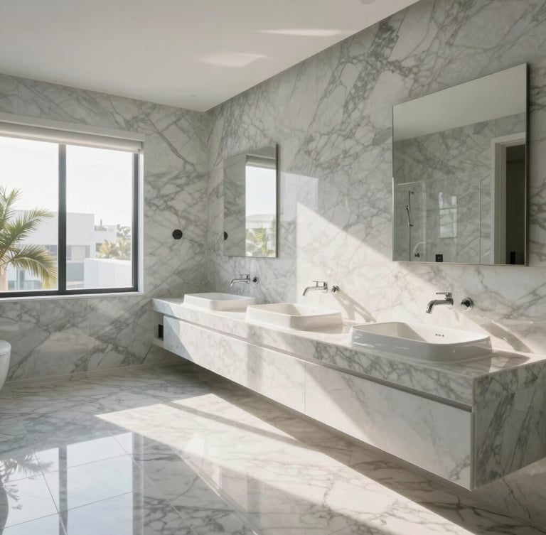 Wide-angle architectural shot of a bright South Florida master bathroom with bookmatched marble slabs perfectly aligned along the wall, crisp morning daylight reflecting off the polished surface.
