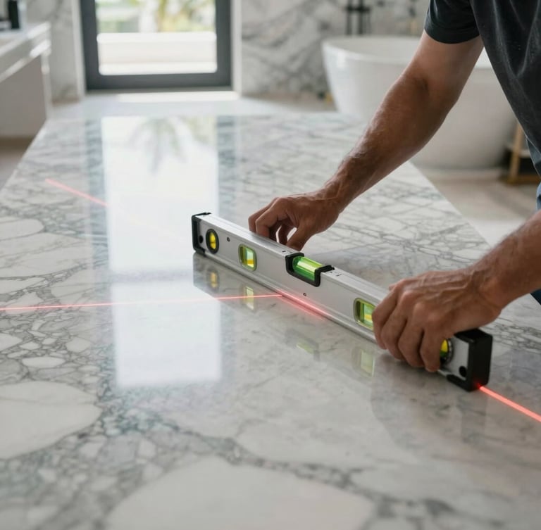Close-up of a craftsman using a laser level to align a large-format bookmatched marble slab in a master bathroom, bright South Florida daylight reflecting off the polished surface.