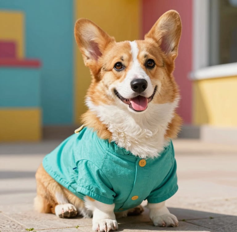 A happy corgi wearing a vibrant teal handmade cotton shirt, sitting comfortably on a sunny patio, warm natural daylight, colorful playful background, shallow depth of field.