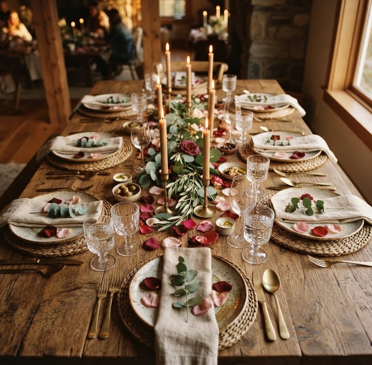 Close-up overhead shot of a rustic wooden table set for eight, warm candle glow illuminating ceramic plates, linen napkins, and loose rose petals, 35mm film look