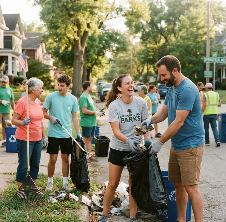 Vibrant, candid photo of local volunteers collaborating on an outdoor neighborhood cleanup in Springfield, Missouri. Bright daylight, warm golden hour tones, friendly community focus.