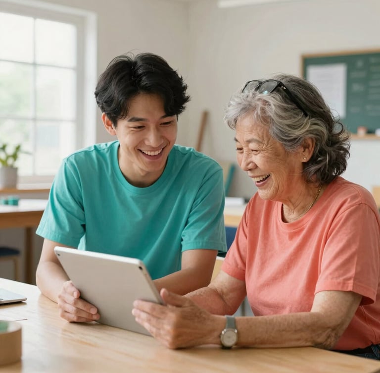 A warm, daylight-filled workshop where a young professional and an older adult laugh together over a tablet screen, candid editorial style, 35mm lens