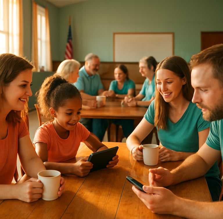 Wide candid shot of a sunny Missouri community hall with families and volunteers sitting around a wooden table, sharing coffee, talking, and practicing on digital devices, warm golden hour light, warm community photography, bright natural daylight, candid editorial, 35mm lens.